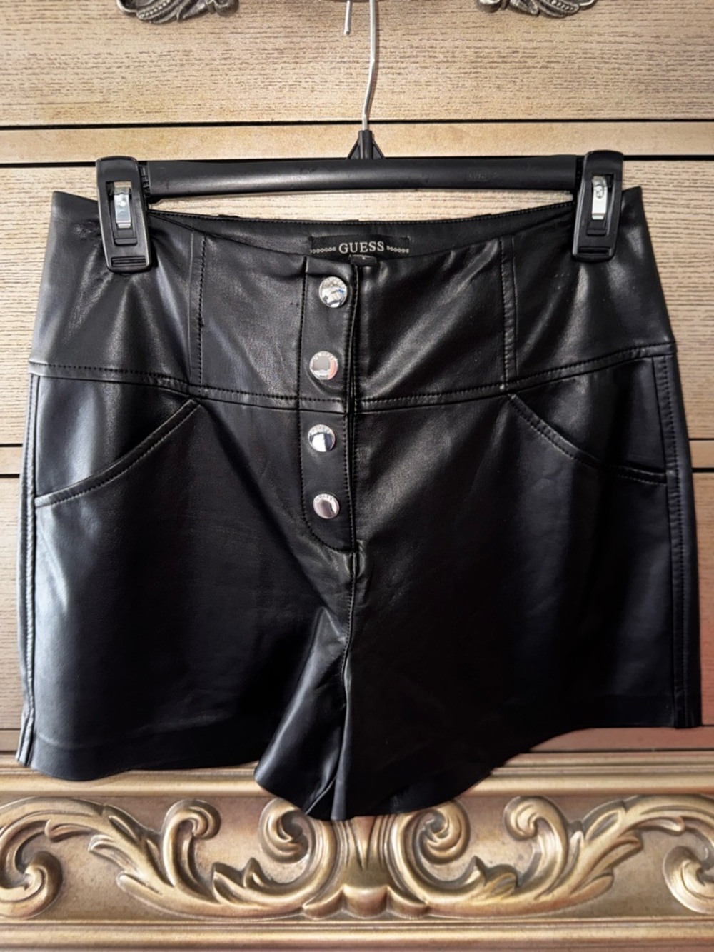 GUESS Black Faux Leather High-Waist Button Front Shorts